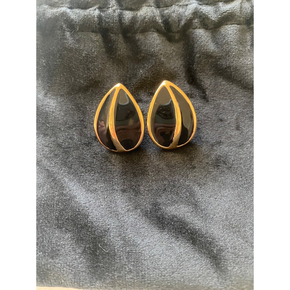 Vintage Napier Gold Tone Black Enamel Teardrop Clip On Earrings Screw Back